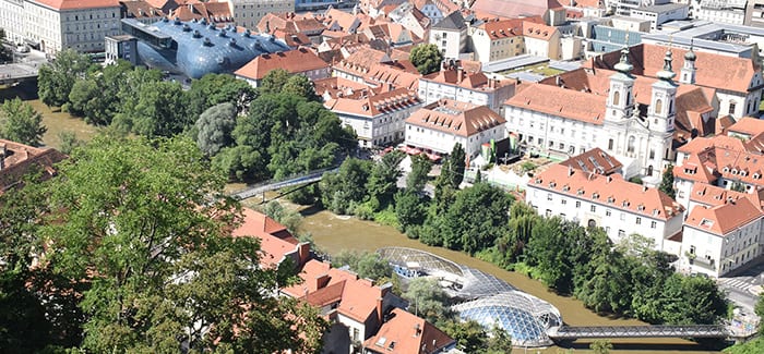 Linksboven het Kunsthaus, rechtsonder de Murinsel