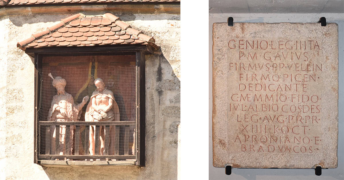 Ecce Homo-groep en Romeinse gedenksteen bij de Sint-Laurentiusbasiliek