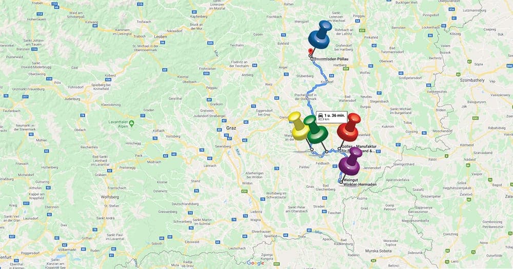 Paars: Wijngoed Winkler-Hermaden, Rood: Gölles azijn & edelbrand, Groen: Zotter chocolade, Geel: Edelsbach honing, Blauw: Fandler olie en boerenwinkel Pöllau