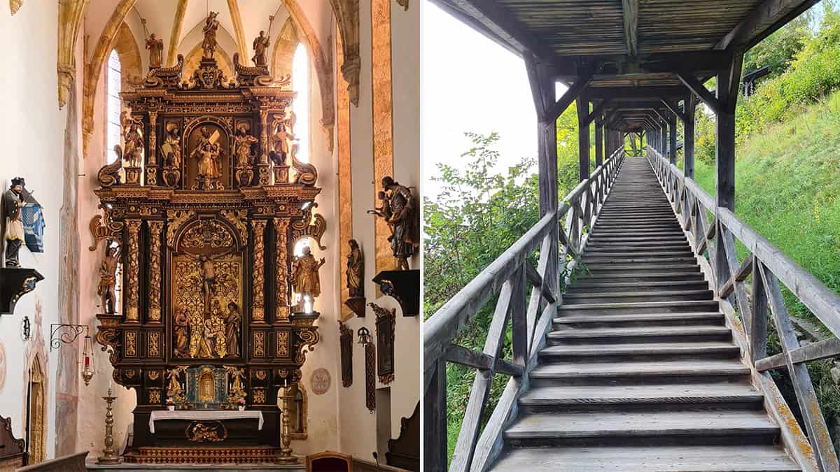 Altaar van de Stadtpfarrkirche en trap naar de burcht
