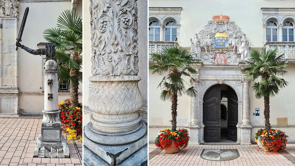 Pranger, detail van de acanthuskapitelen en renaissanceportaal van kasteel Porcia