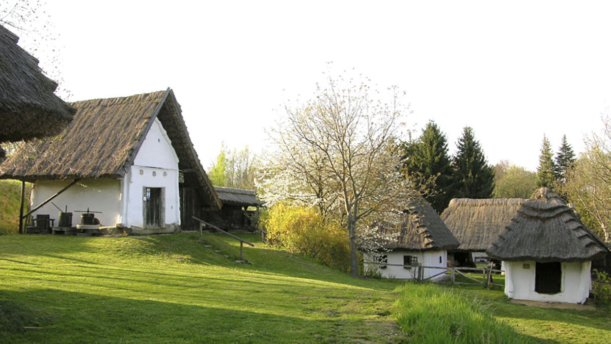 Huizen met strodak in openluchtmuseum Gerersdorf